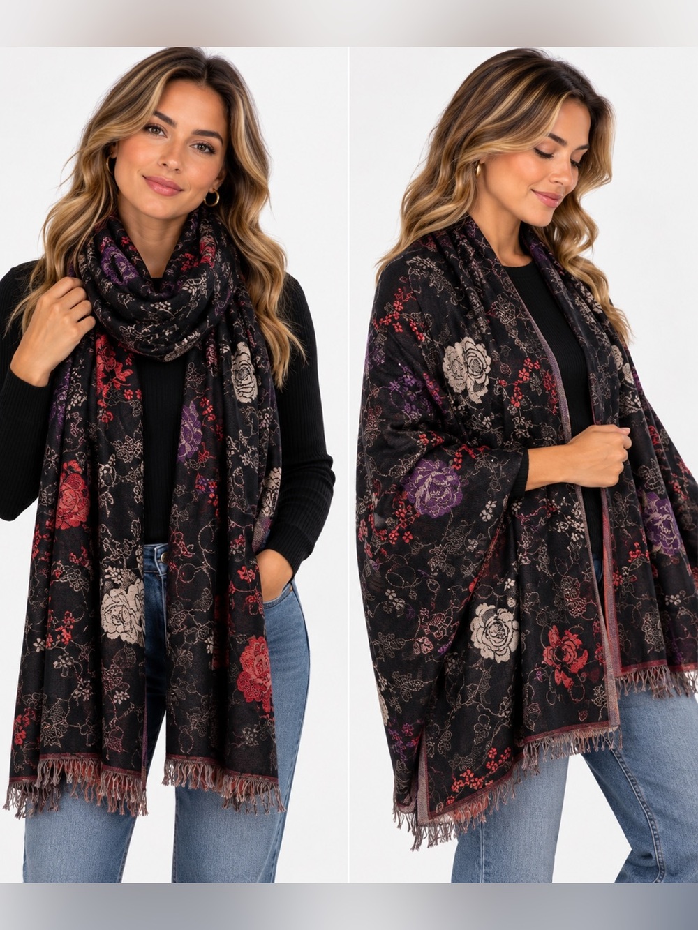 Elegant Black Floral Jacquard Scarf - Multicolor Roses